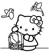 coloriage Hello kitty et la cage aux oiseaux